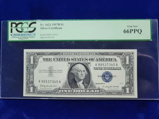 🌟 1957-B $1 Silver Certificate Note Fr. 1621 PCGS 66-PPQ Gem New X-A Block
