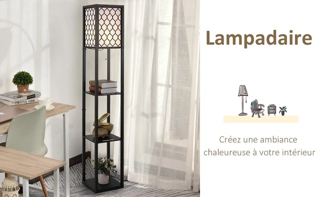 HOMCOM 160cm Lampadaire Étagère HOMCOM 160 Cm - 3 Étagères MDF Noir | Lumière Intégrée Pour Salon Ou Chambre Lampadaire Pour Salon
