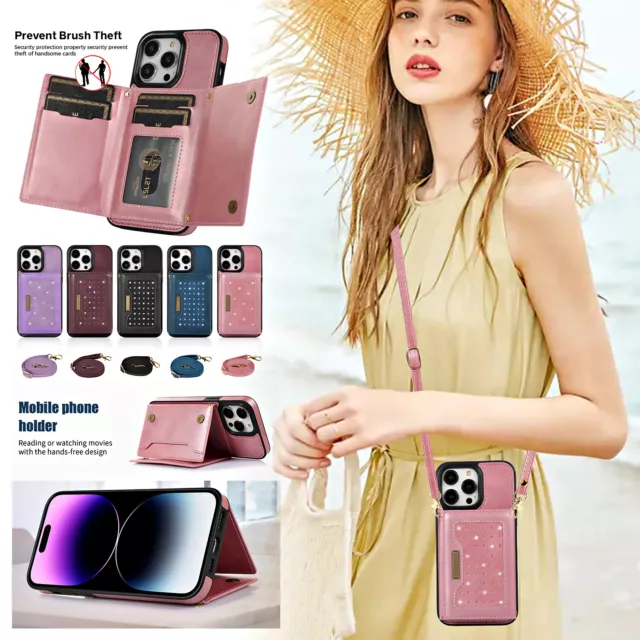 For iPhone 14 13 Pro Max 12 11 XS XR 8 Diamond Leather Cover Wallet Lanyard Case