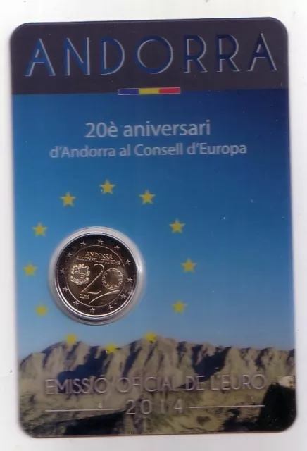 2014 ANDORRA 2 EURO BU COINCARD " 20° anniv. di Andorra al Consiglio d'Europa "