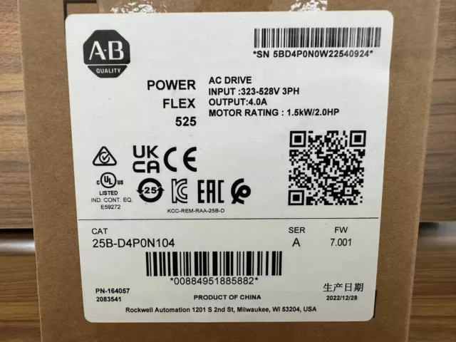 25B-D4P0N104 Allen Bradley Power Flex 525 1.5kW 2Hp AC Drive 25BD4P0N104 2022