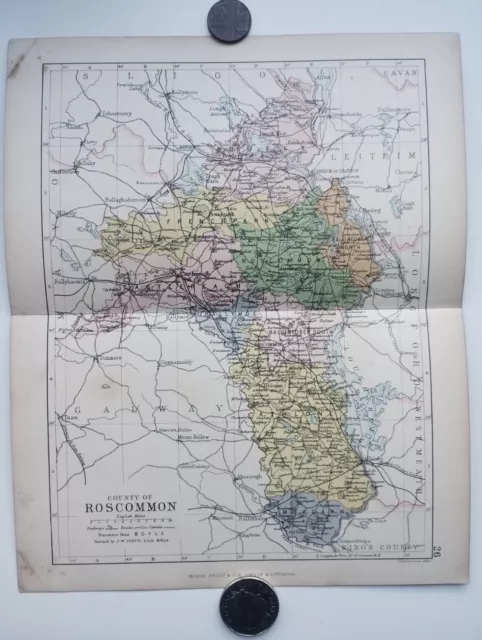 Antique County Map of ROSCOMMON , Ireland - Phillips Handy Atlas , 1882