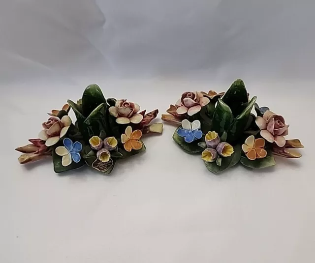 Vintage Pair Italian Nuova CAPODIMONTE Porcelain Floral Candle Holders