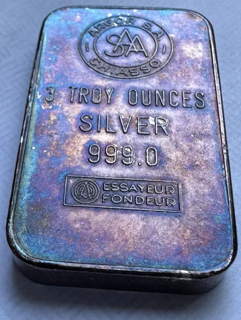 RARE 1973 Argor Chiasso Vintage Rainbow Toned 3 oz "UBS Reverse" .999 Silver Bar