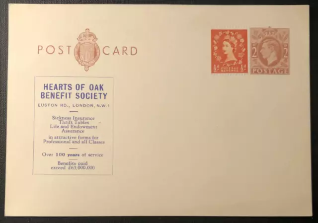 Cartolina GB KGVI QEII 2d 1/2d emissione OA aggiornata Hearts of Oak Advert cancelleria