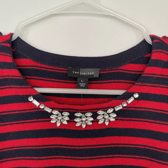 The Limited Shirt Womens Large Navy Blue Red Striped Gem Jewel Neckline Knit NWT 3