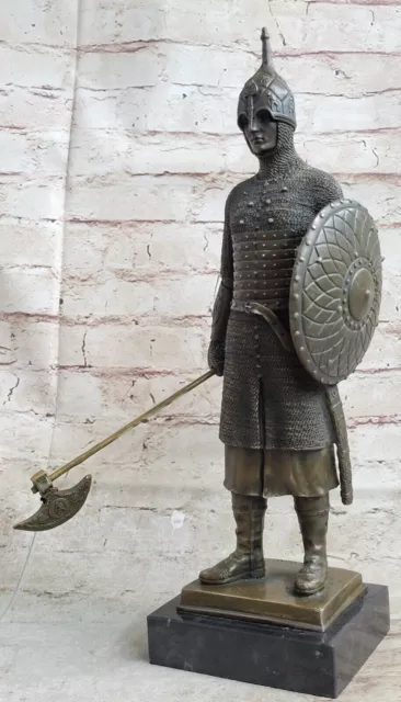 BRONZE ON MARBLE Statue Medieval Warrior Knight Soldier Sculpture