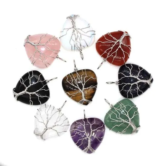 Natural Amethyst Crystal Quartz Heart Wire Wrap Tree Life Stone Pendant Necklace 3