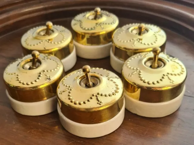 Vintage Look 6 Brass And Ceramic Electric Switch Buttons 1 Way Petal Rose Design