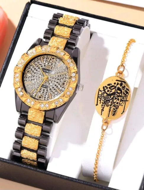 Armbanduhr & Armkette Modeschmuck Set Uhren Damen Mädchen Strass golden Geschenk