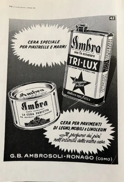 Ambra Trilux Cera Perfetta pubblicità Rivista La Cucina Italiana Ottobre 1956