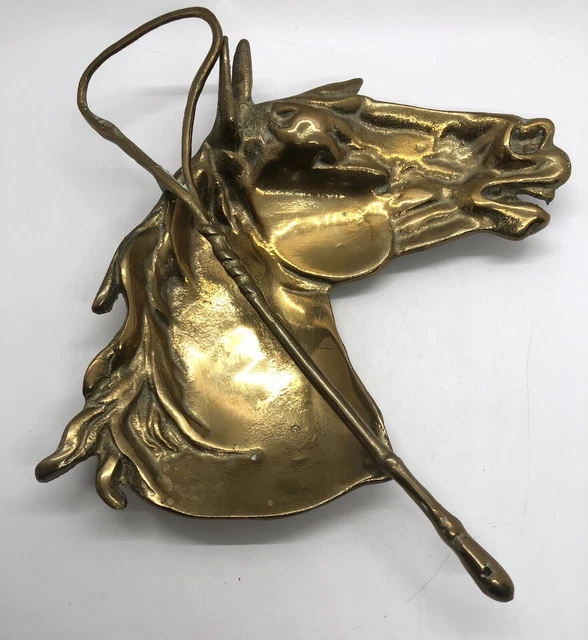 Vintage Solid Brass Equestrian Horse Head w/ Riding Crop Dish Wall Hanging (1-2)