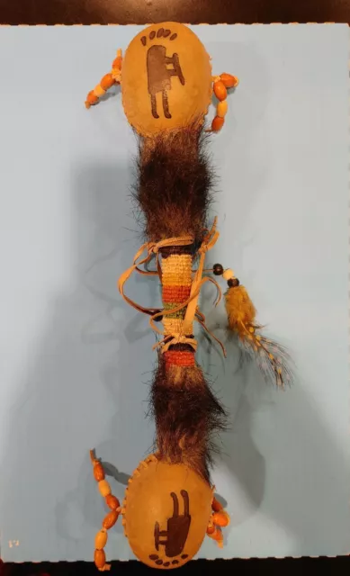 Native American Ceremonial Rawhide Double Rattle w/ Beads, Feathers, & Fur