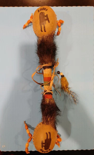 Native American Ceremonial Rawhide Double Rattle w/ Beads, Feathers, & Fur