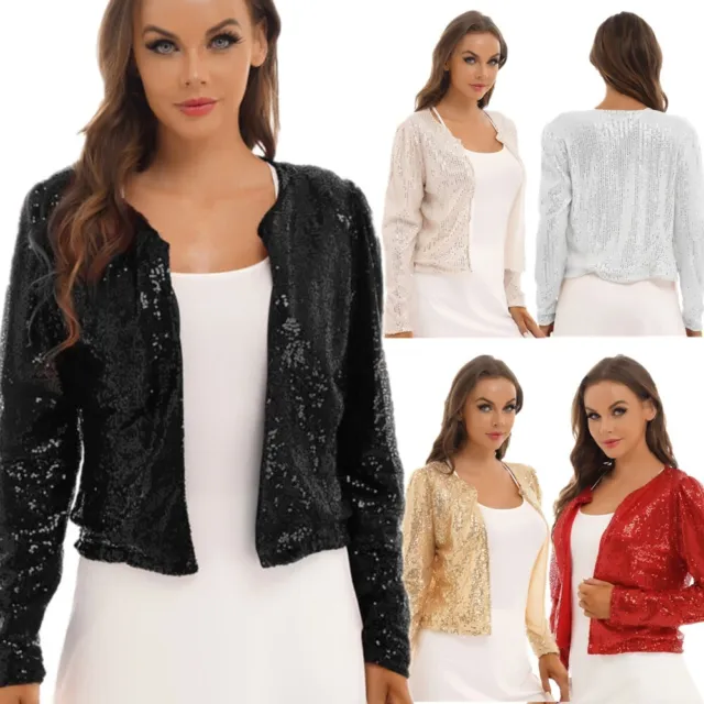 Damen Pailletten Cardigan Jacke Glitzer Abendjacke Langarm Blazer Kurze Oberteil