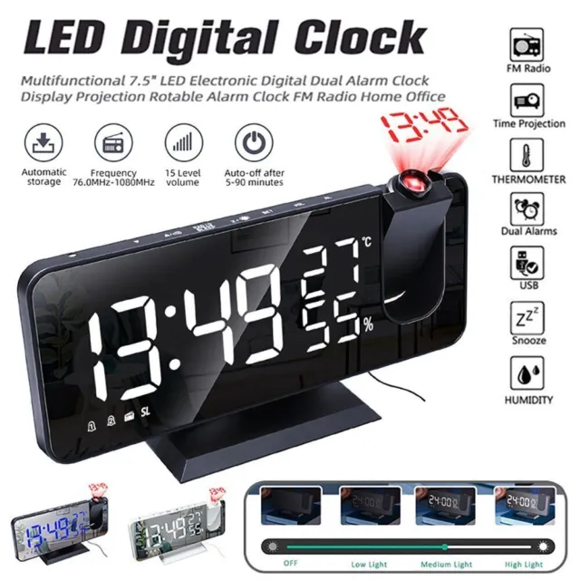Smart Alarm Clock Digital LCD Projection Time Projector Display FM Radio Snooze