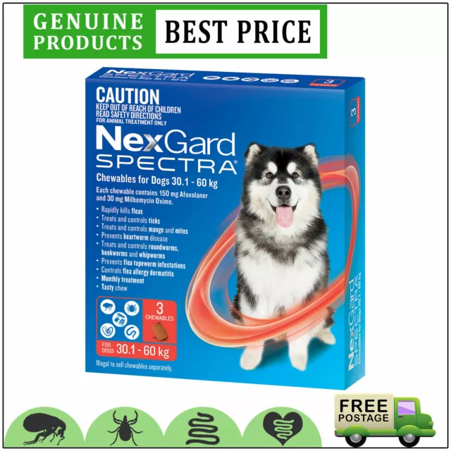 NEXGARD SPECTRA 3 Doses for Dogs Heartworm Flea Prevention 30.1 to 60 Kg RED