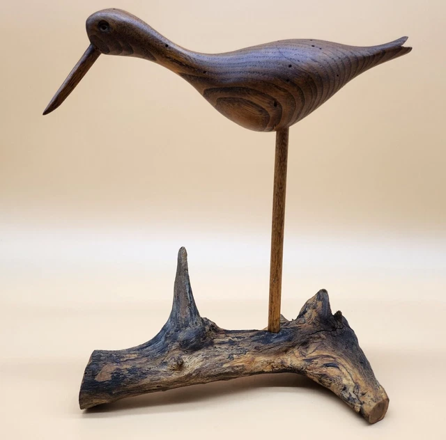 Vintage Hand Carved, Signed, Wooden Bird Sculpture Art on Driftwood