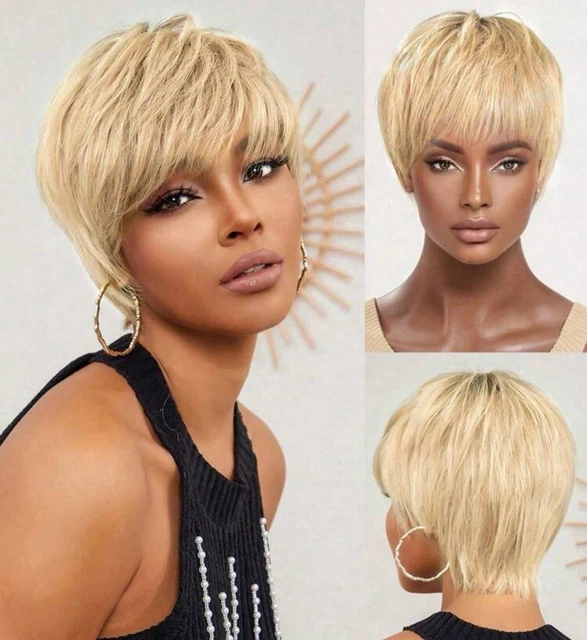 Perruque Courte En Cheveux Humains Rouge Cuivré Foncé Pour Femme - Coupe Pixie, Frange, Cadeau Inclus