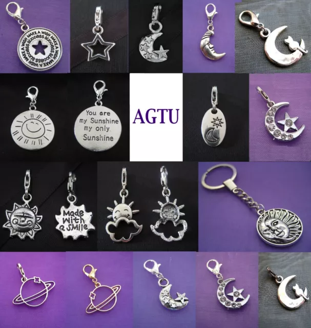 U PICK CHARM Clip On Silver Sun Moon Star Face Smile Happy Earrings Cat AGTU