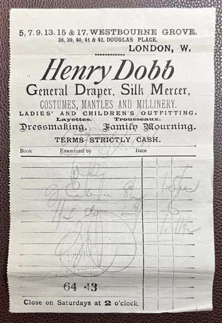 1896 Henry Dobb, Draper & Silk Mercer, Westbourne Grove, London Invoice