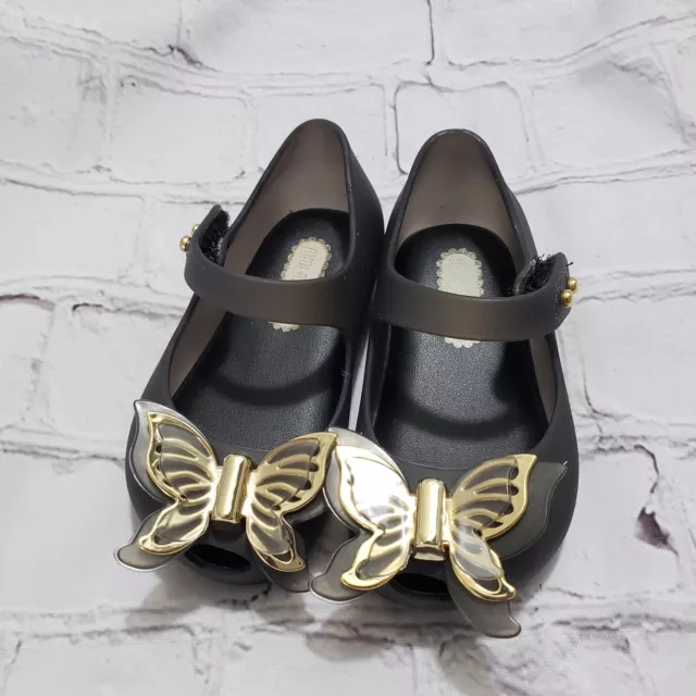 Mini Melissa Ultra Girl Butterfly Mary Jane Flats Infant Girl Size 5 Black Gold