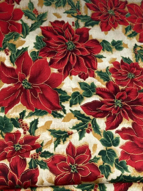 VTG Cotton Fabric Christmas Red Poinsettias Green Holly Gold Metallic Accents 5Y