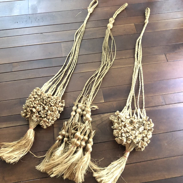 3 Boho Macrame Jute Hanging Plant Holders Vtg Beige Hanger Lot 1970s 42"  Long