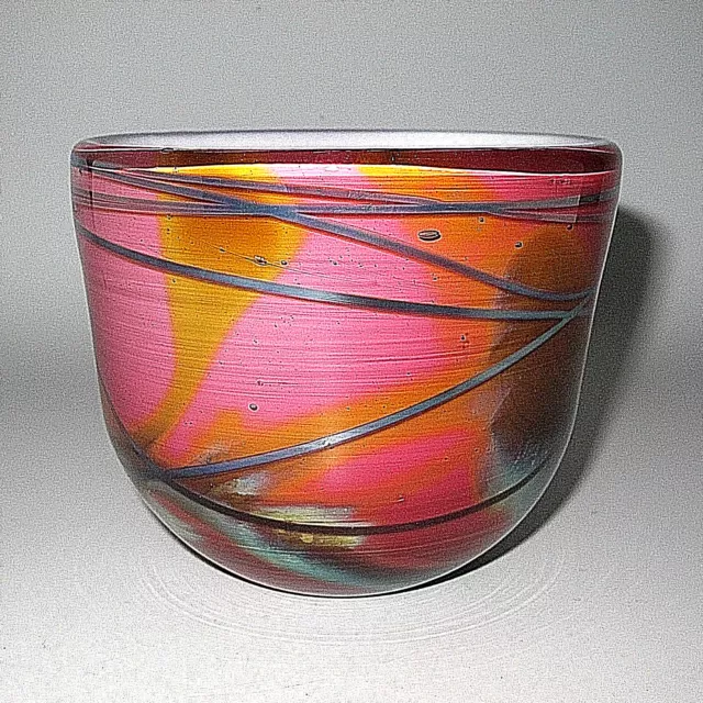 Vtg Signed Casanova 1990 Art Glass Bowl Multi-Colored W/Silver Threading XLNT