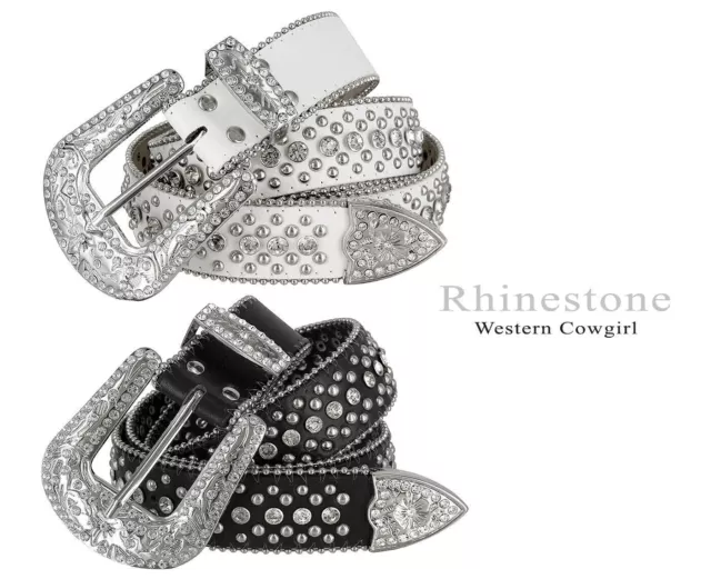 Rhinestone Western Cowgirl Bling Studded Design Leather Belt 1-1/2"(38mm) wide