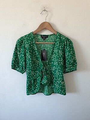 Wednesday's Girl Green Ditsy Floral Tie Front Crop Top Size Xs Bnwt
