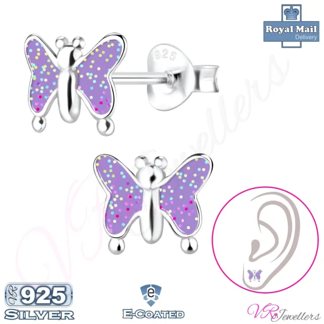 925 Kids Sterling Silver Butterfly Stud Earrings Children Girls Enamel + Box
