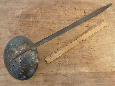 Antique EARLY 19th C HAND Forged WROUGHT IRON Brass STRAINER Rat Tail 21"