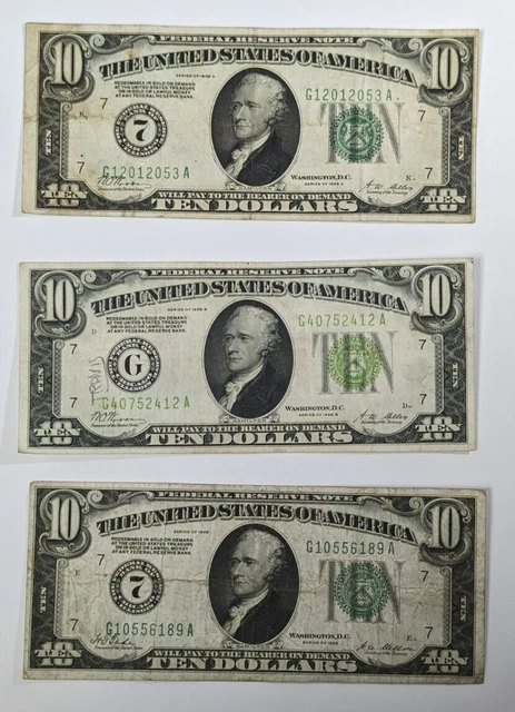 3X 1928 Ten Dollar Bills $10 Green Seal Note - Chicago - Lot of 3