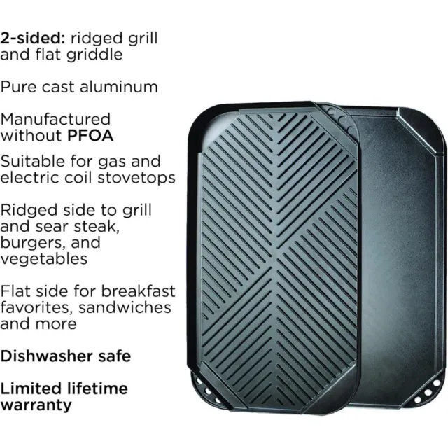Non Stick Cast Aluminum Griddle  19.5” x 11 Reversible Grill/Griddle, Black