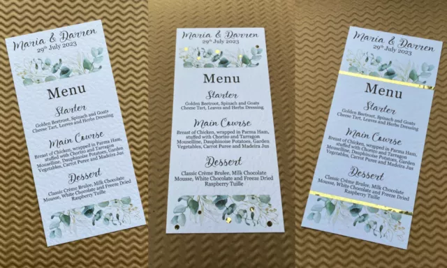 Eucalyptus DL MENU card wedding table gold foliage leaf sage greenery decor