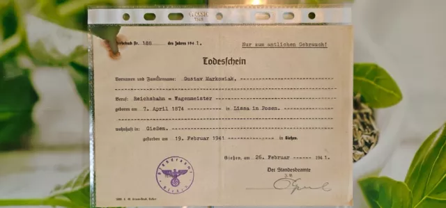 gebrauchter "Totenschein eines Wagenmeisters" aus dem Jahre 1941