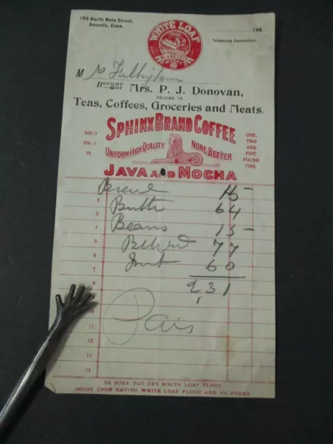 ANSONIA, CT  Early 1900s Grocery Receipt, with White Loaf Wheat. Sphinx Brand Co