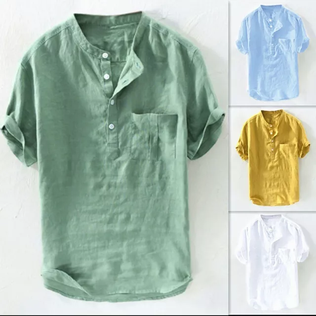 Comfortable Men's Short Sleeve Collarless Soft Dress Shirt Casual Holiday Top