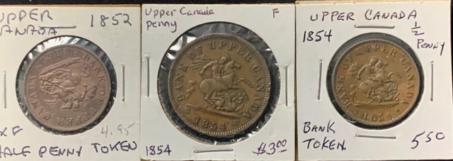 1852 1854 Bank Of Upper Canada Large  + Half Penny Tokens (3) Three Coin Lot