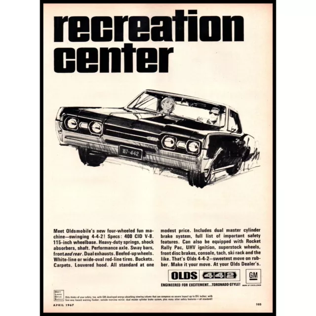 1967 Oldsmobile 4-4-2 Coupe Vintage Print Ad Recreation Center Man Cave Wall Art