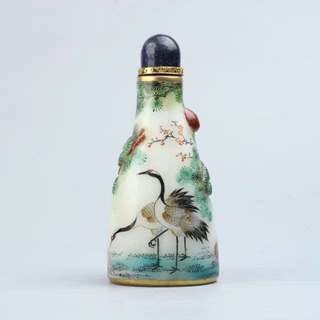 Chinese Exquisite Handmade pine crane pattern Glass snuff bottle