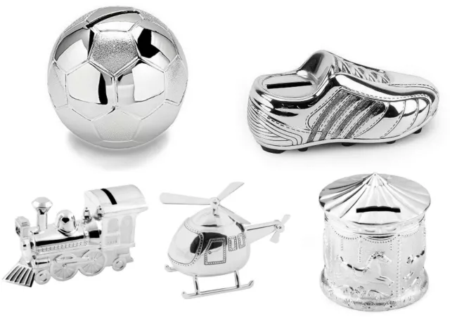 Christening Boy & Girl Kids Silver Plated Money Box Gift Presents Football Train