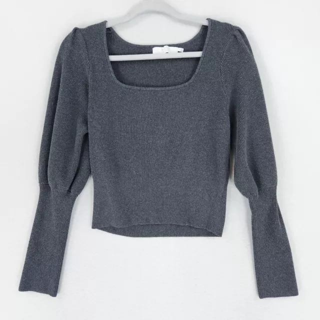 ASTR The Label Sweater Womens Large Gray Puff Sleeve Cropped Knit Classic