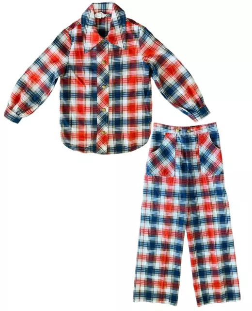 VTG 60s 70s Millbrook Red White Blue Plaid Outfit Button Down Shirt Pants Boys