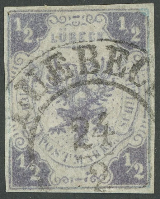 LÜBECK 1859, 1/2 S. dkl`violettgrau mit Ortsstempel (20% Aufschlag!), stark