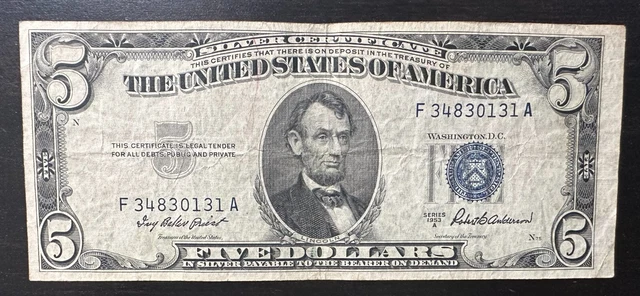 1953A Silver Certificate $5 Dollar Bill Blue Seal Circulated -