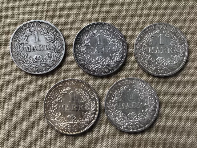 5 x 1 Mark 1891 - 1916, Deutsches Kaiserreich , 900er Silber, alle verschieden G