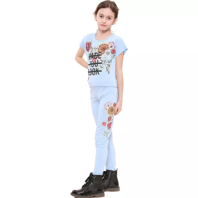 Bambini Top Maniche Corte Fatto You Look Stampa Blu Cielo & Set Leggings