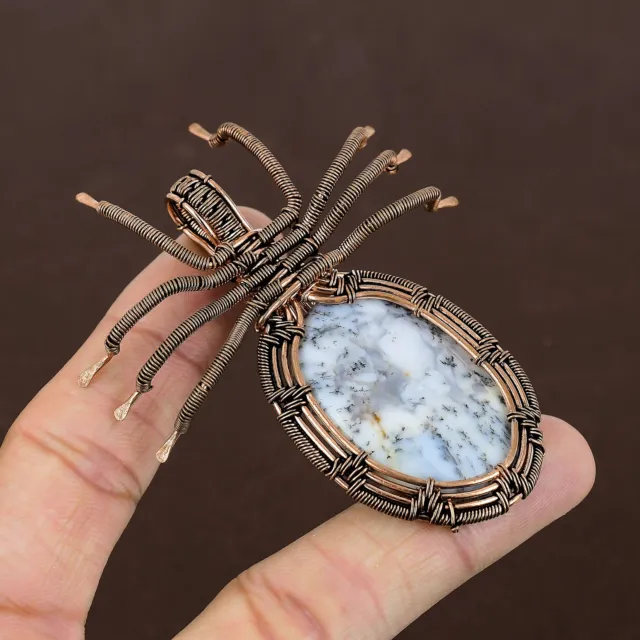 DENDRITE OPAL GEMSTONE Handmade Copper Wire Wrap Spider Pendant